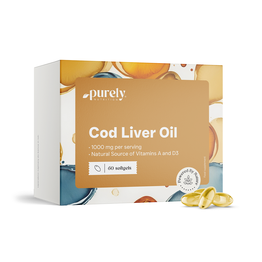 Cod liver oil in soft capsules.